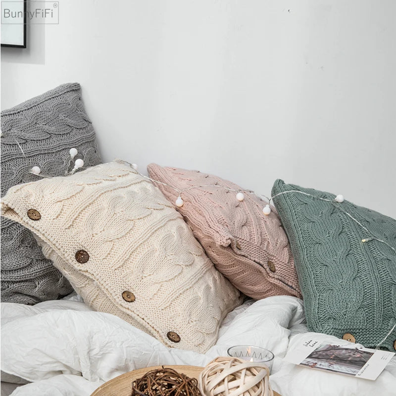 Afralia™ Soft Cotton Plait Knit Cushion Cover Vintage Ivory Grey Pink Solid 45cm*45cm