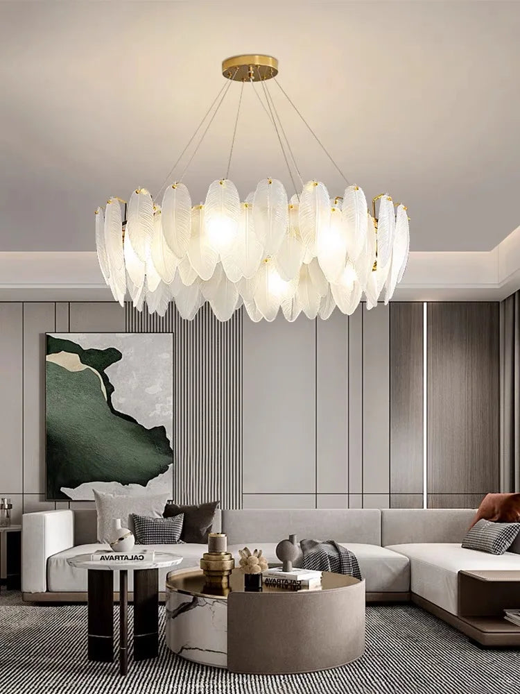 Afralia™ Glass Feather Chandelier: Luxury Art Decor Ceiling Chandelier for Living Dining Room