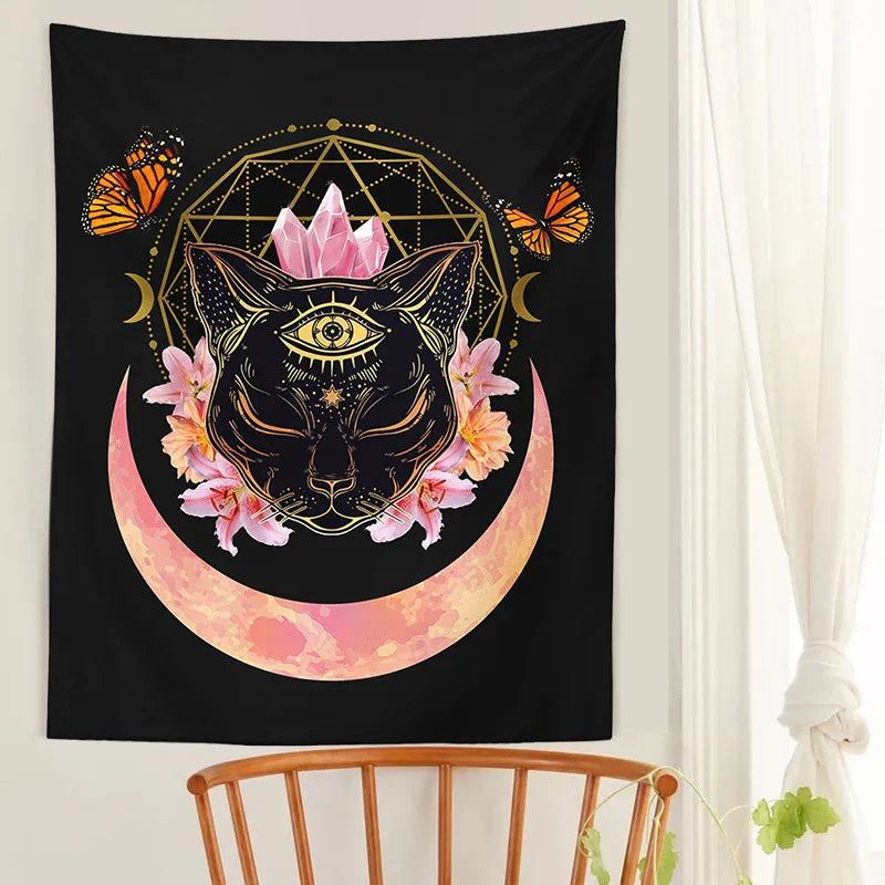 Afralia™ Cat Witch Moon Star Tapestry Wall Hanging - Trippy Psychedelic Wall Decor