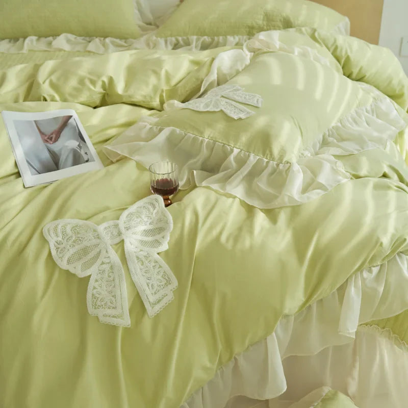 Afralia™ Korean Lace Ruffles Queen Size Duvet Cover with Bow Detail - Romantic French Design