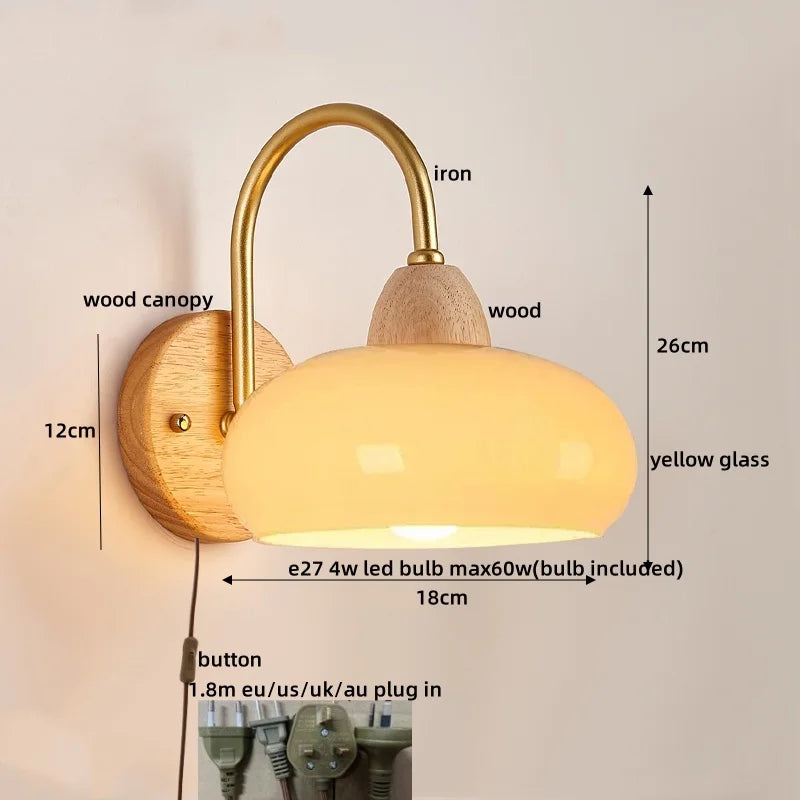 Afralia™ LED Glass Iron Wood Wall Light Fixture Modern Nordic Bedside Lamp