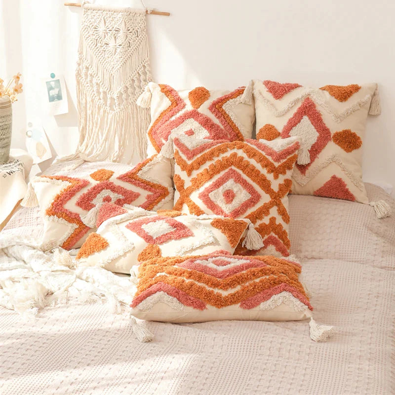 Afralia™ Tufted Orange Ivory Tassel Boho Cushion Cover 45x45cm Home Decor Sofa Bedroom