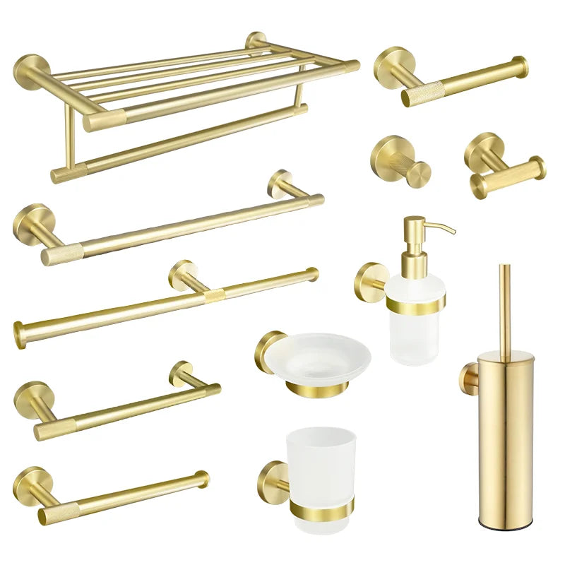 Afralia™ Brushed Gold Bathroom Set: Towel Bar, Toilet Paper Holder, Hook - Wall Mount Kit