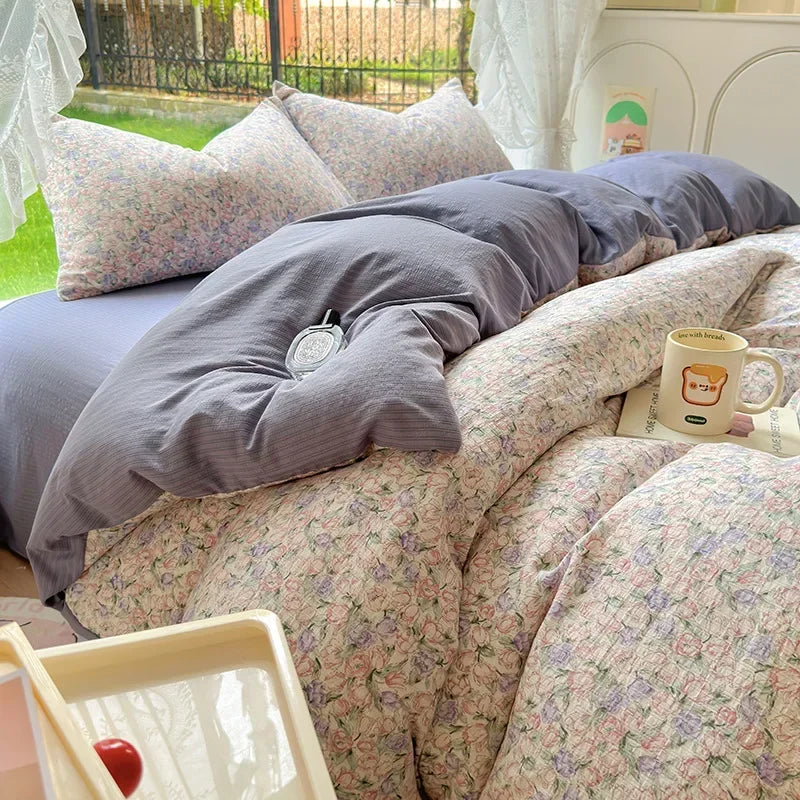 Afralia™ Floral Printed Cotton Bed Set: Cute, Soft, Comfortable 4-Piece Duvet Cover & Sheet