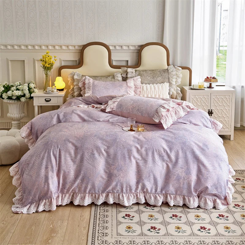 Afralia™ Purple Vintage Lace Ruffles Bedding Set with Egyptian Cotton Duvet Cover