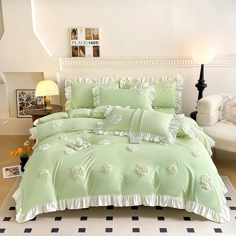 Afralia™ Pink Stereoscopic Bedding Set: Handwork Flowers Embroidery, Ruffle, Korean Style