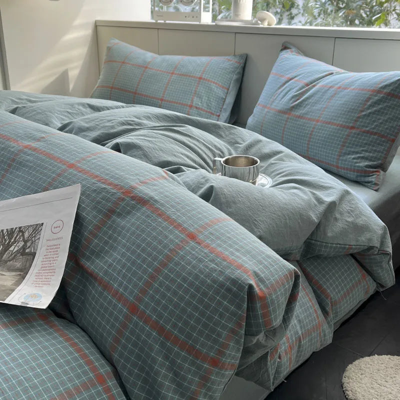 Nordic Grid Print Bedding Set in Wash Cotton Linen for Single Double Bed by Afralia™