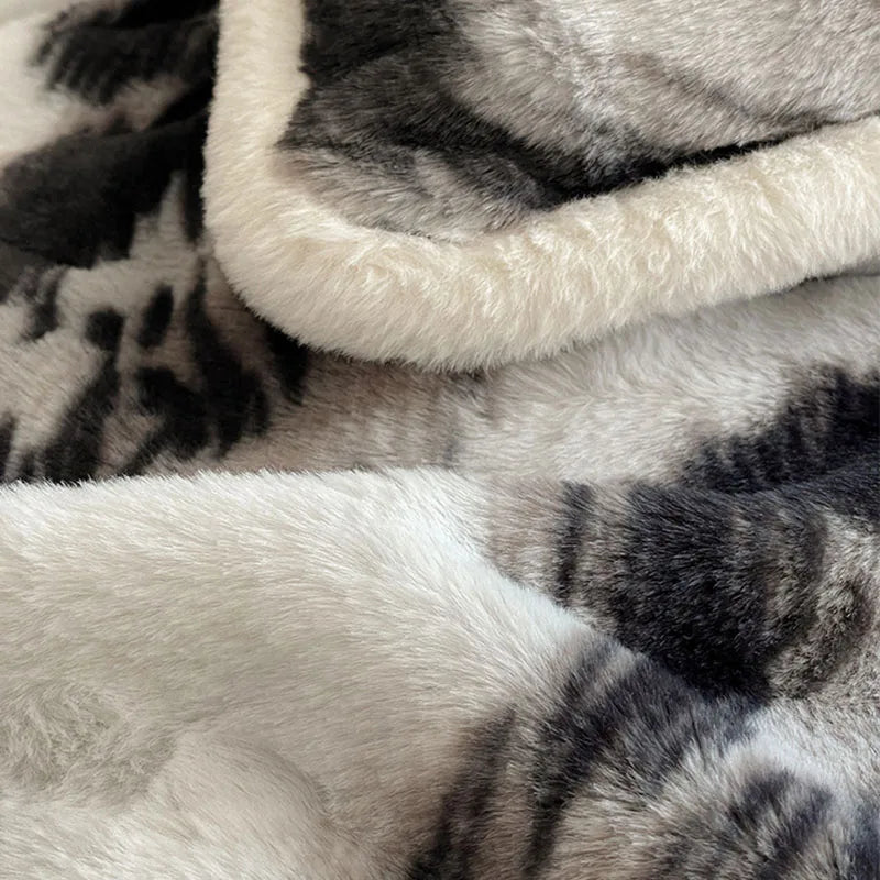 Afralia™ Winter Faux Rabbit Plush Stripe Bedding Set with Milk Velvet Duvet Cover