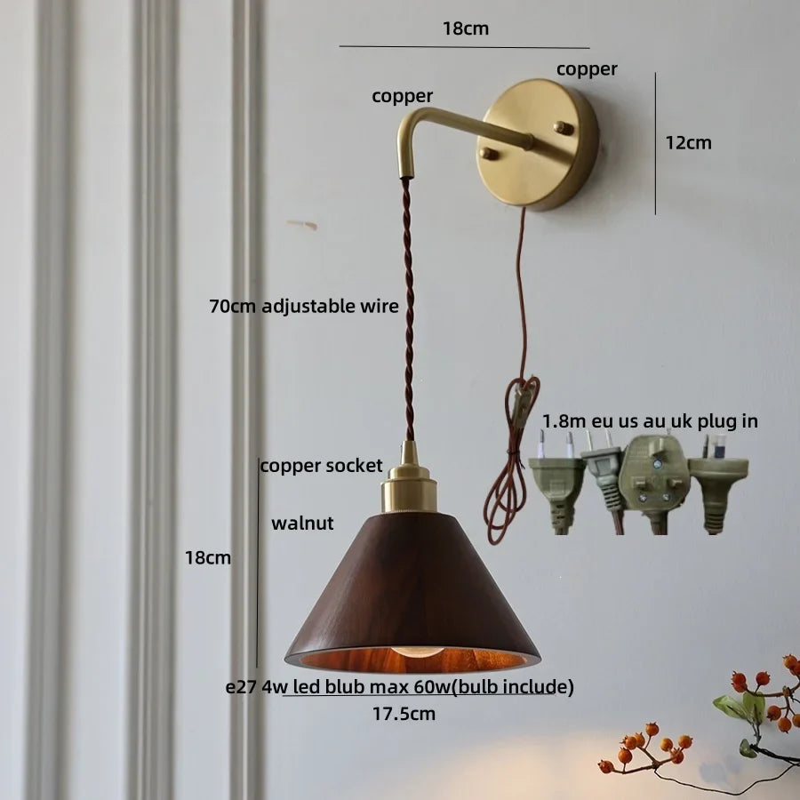 Afralia™ Wood LED Wall Lamp with Copper Socket & Pull Chain Switch - Adjustable Staircase Light