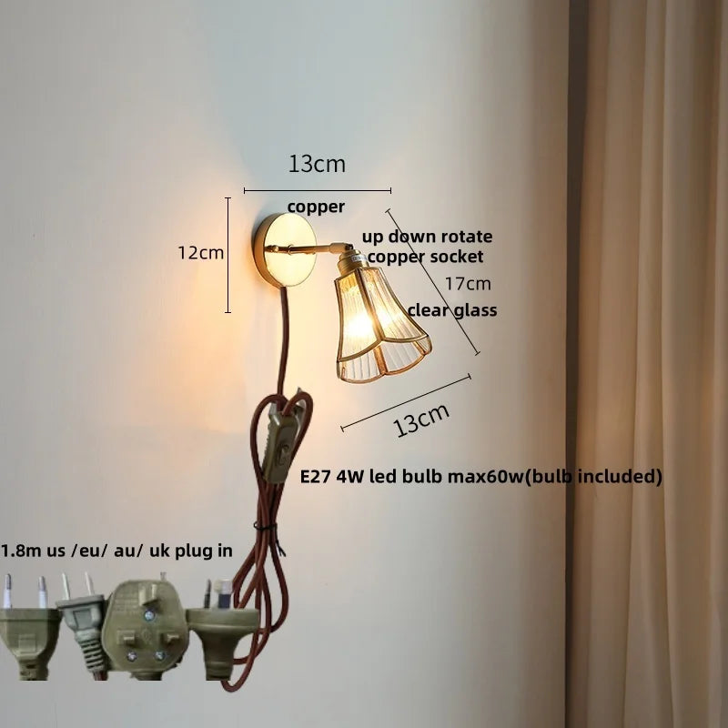 Afralia™ Copper LED Wall Lights Clear Glass Switch Bedside Lamp Nordic Modern