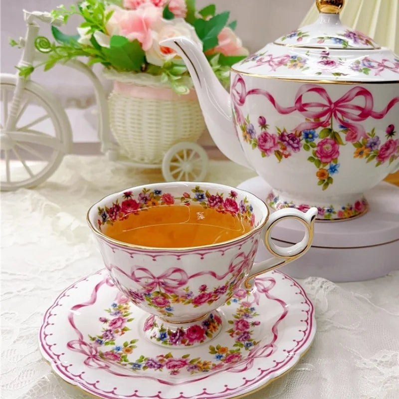 Afralia™ Tea & Coffee Set: Retro Pot, Cup, Saucer, Bow Pot, and Cup Set for Home Kitchen