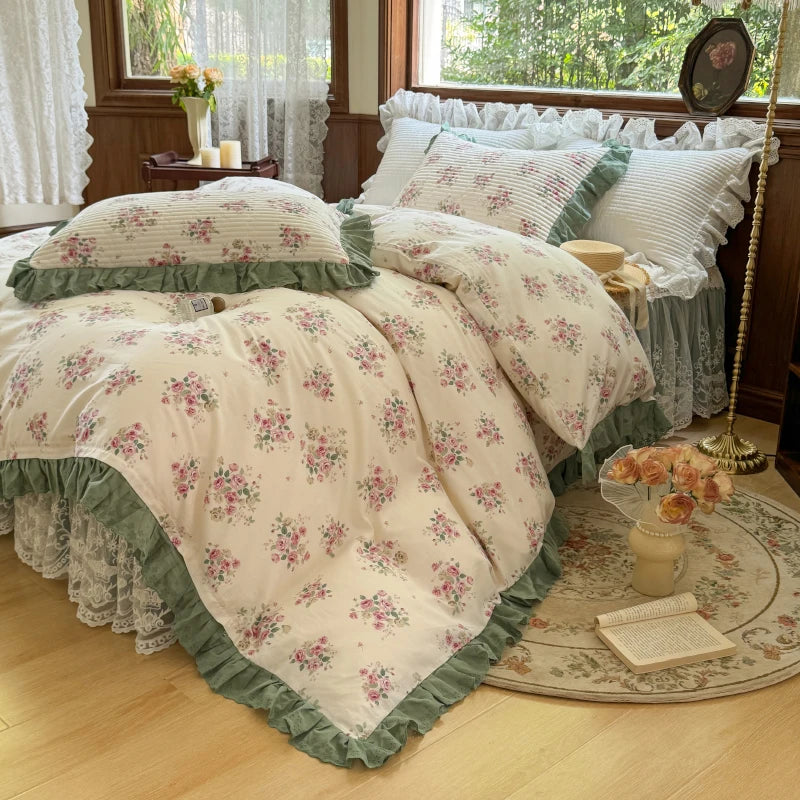 Afralia™ Floral Print Cotton Princess Bedding Set with Vintage Lace Details