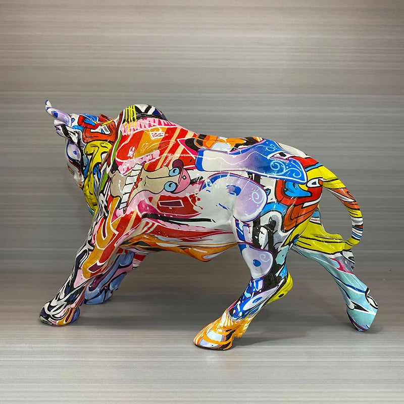 Afralia™ Resin Bull Statue: Decorative Graffiti Home & Office Decoration, Birthday Gift