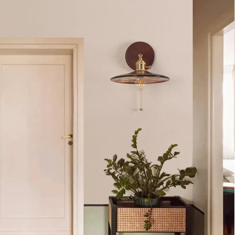 Afralia™ Copper Glass LED Wall Sconce Pull Chain Switch Stair Light