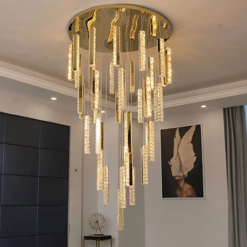 Afralia™ Gold Chrome Steel Crystal Pendant Lights with Dimmable LED for Villa Stair