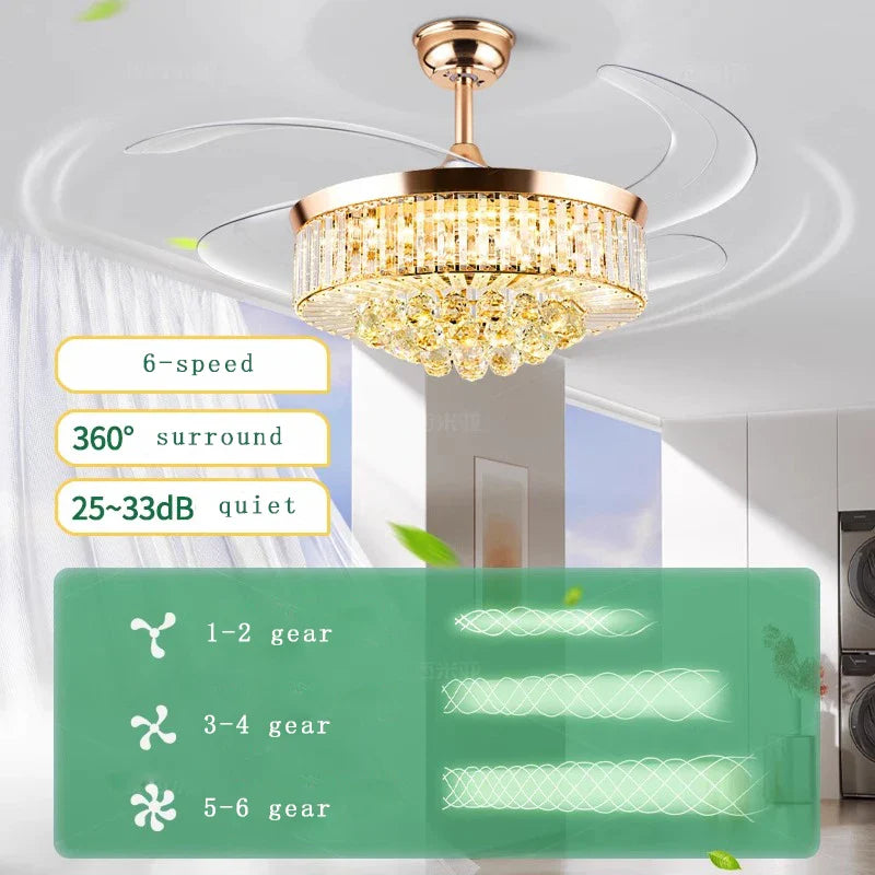Afralia™ Luxury Crystal Ceiling Fan Lights Remote Control, Modern Retractable Chandelier Fan