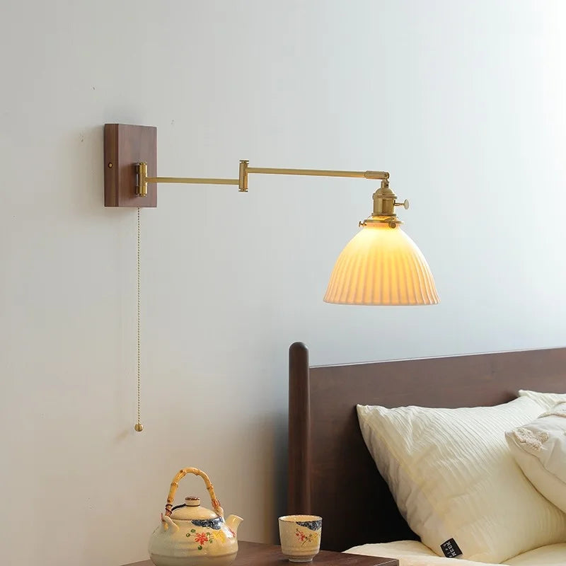 Afralia™ Ceramic Walnut LED Wall Lights for Modern Bedroom Living Room, Pull Chain Switch