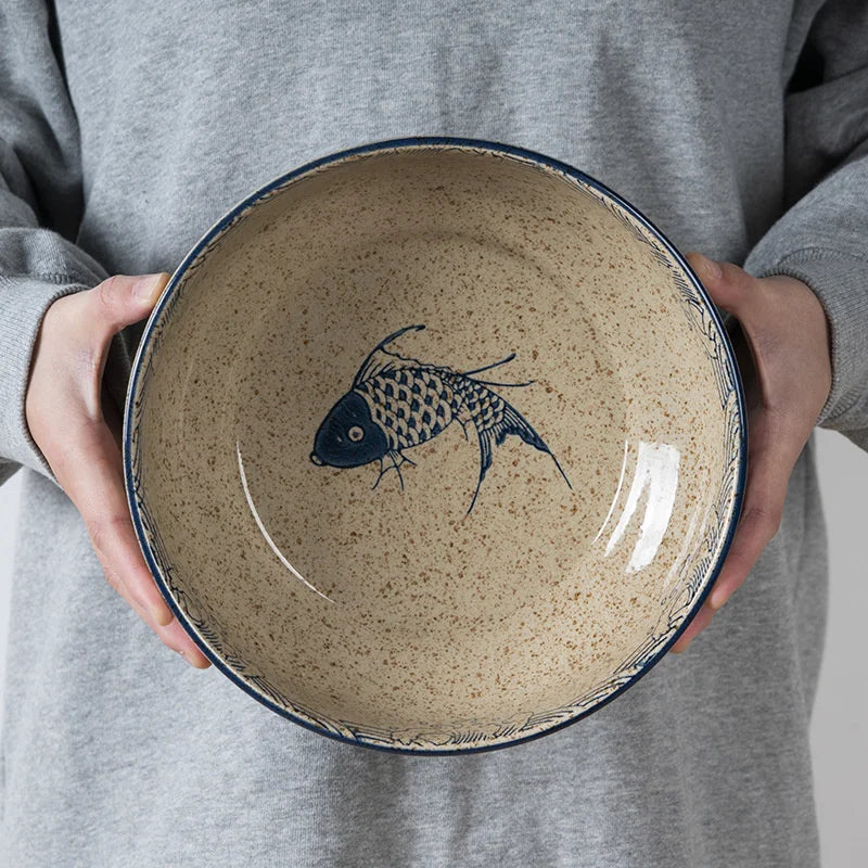 Afralia™ 9" Retro Ceramic Ramen Noodle Bowl - Japanese Style Soup Bowl for Pickled Cabbage Fish