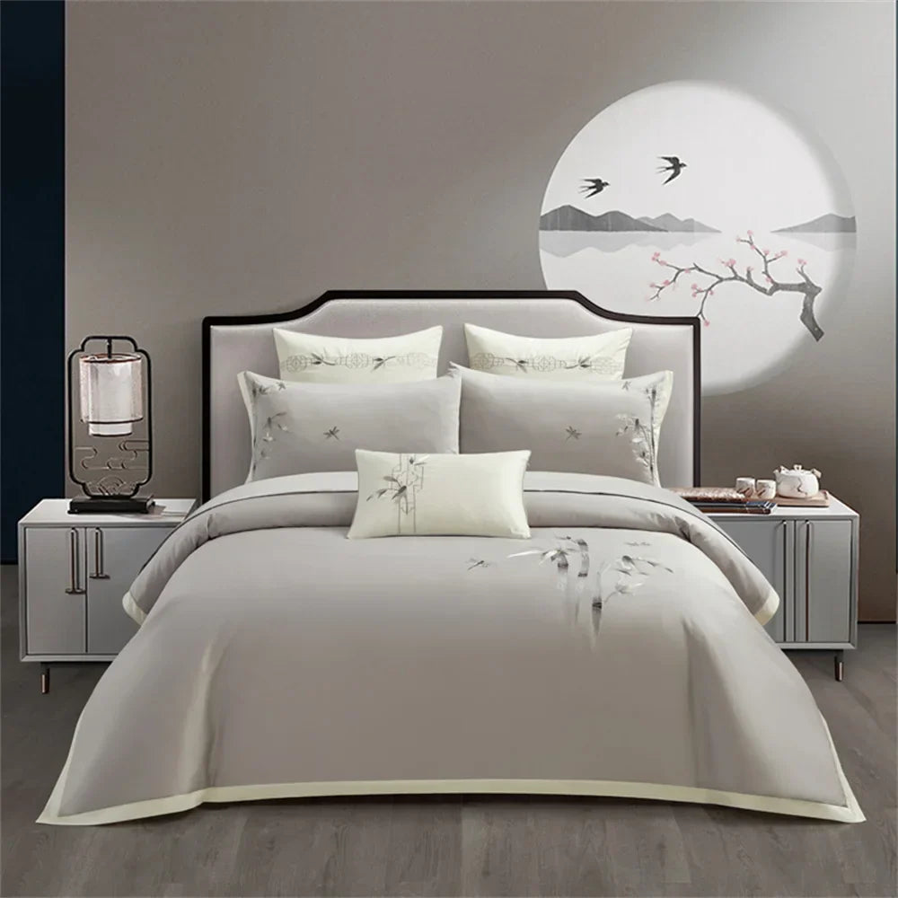 Afralia™ Pink Satin Jacquard Lotus Duvet Set 4Pcs Queen King Bedlinens