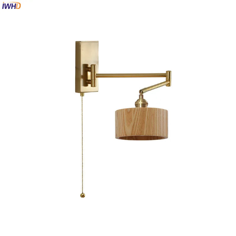 Afralia™ Wooden Lampshade Wall Sconce with Pull Chain Switch for Bedroom Bathroom Mirror