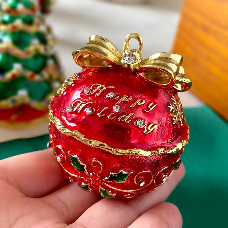 Afralia™ Jingle Bell Trinket Box With Crystals, Hand-painted, Christmas Tree Decor