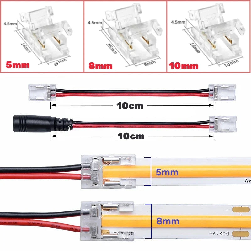 Afralia™ 2-Pin COB LED Strip Connectors for 2835 5050 SMD Tape Light, 90° Angle Fixed Clip