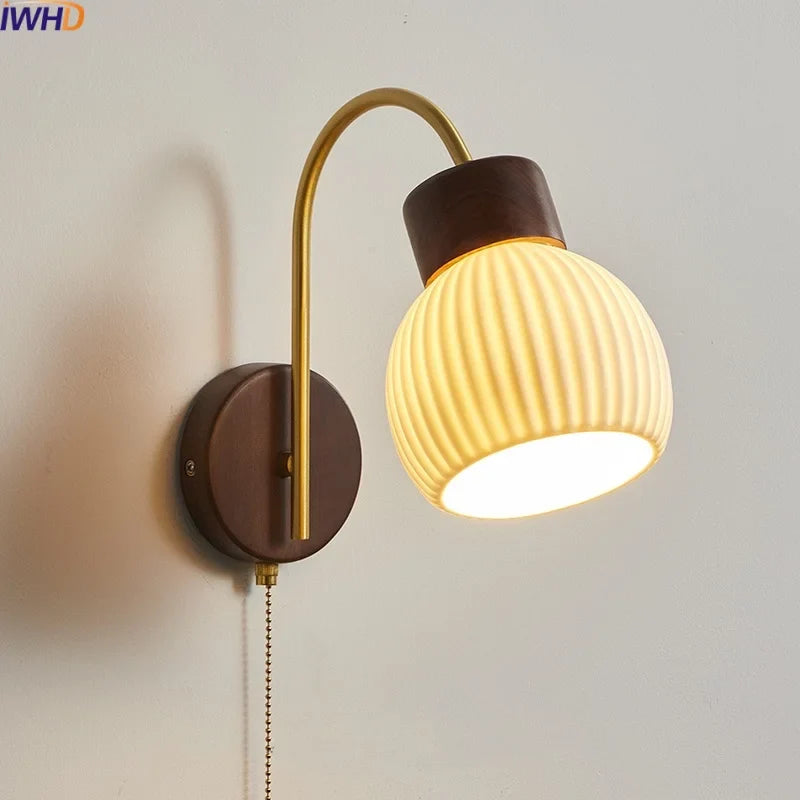 Afralia™ Ceramic Wood LED Wall Sconce Pull Chain Switch for Living Room Bedroom Hallway