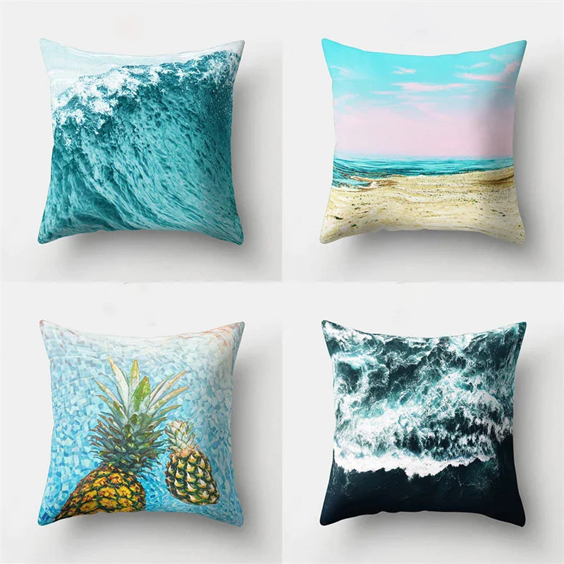 Afralia™ Summer Blue Ocean Floral Geometric Pillowcase