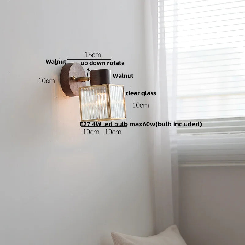 Afralia™ Clear Glass LED Wall Sconce Walnut Wood Bedroom Living Room Modern Fixture