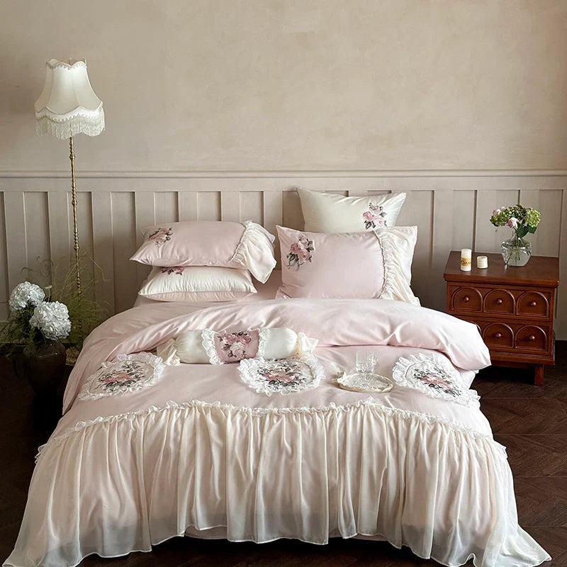 Afralia™ Pink Flowers Lace Ruffles Wedding Bedding Set 1000TC Egyptian Cotton Décor