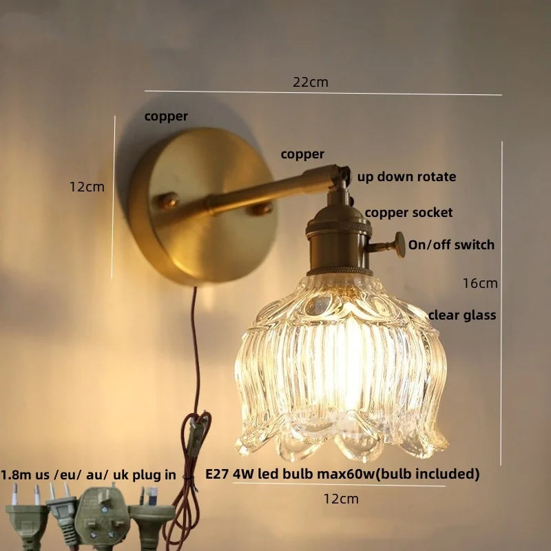 Afralia™ Nordic LED Wall Light Bedside Lamp Copper Glass Rotate Fixtures