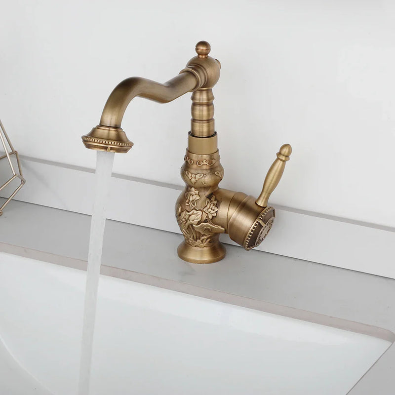 Afralia™ Antique Brass Basin Faucet, 360 Rotation Art Design Kitchen Mixer Tap.