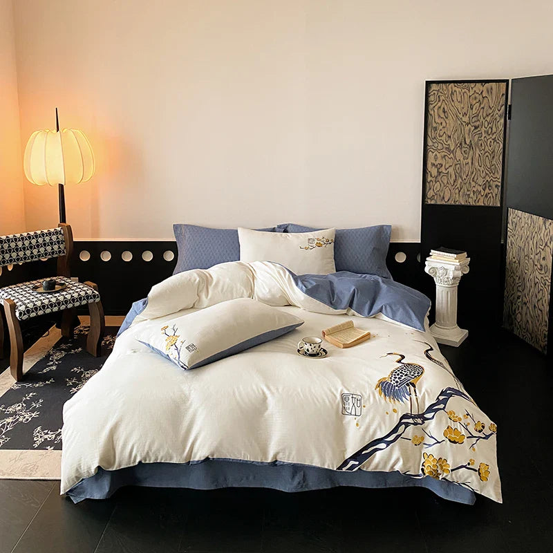Afralia™ Red-crowned Crane Embroidery Bedding Set, 40S Washed Cotton, Soft & Skin Friendly