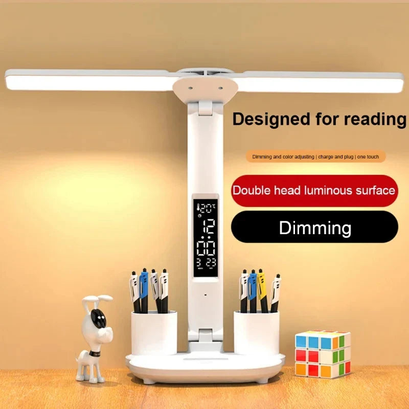 Afralia™ LED Desk Lamp with 2 Adjustable Heads, Dimmable, USB Charge, Foldable, Eye-Caring