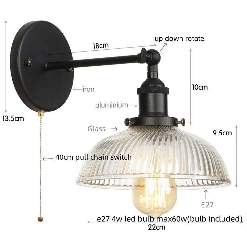 Afralia™ Vintage Industrial Glass Wall Sconce LED Light Fixture with Pull Chain Switch