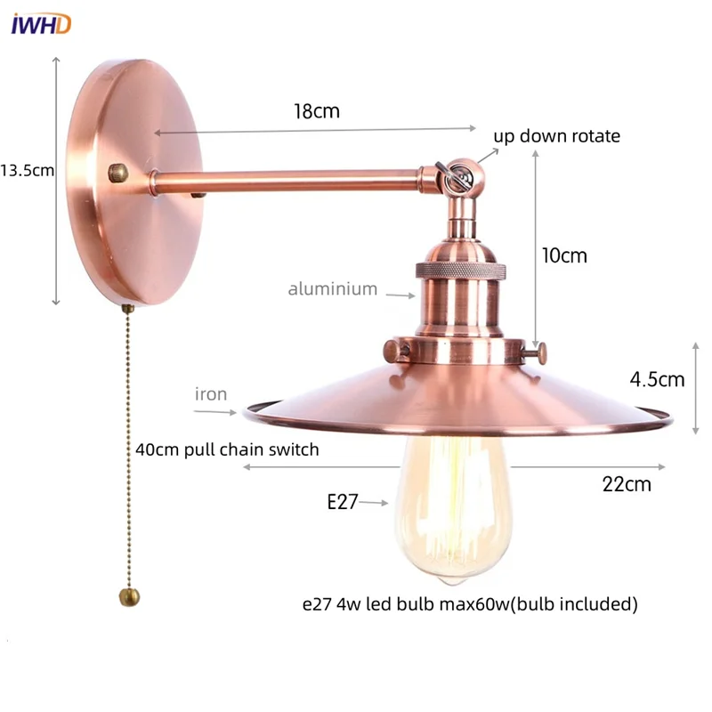Afralia™ Loft LED Wall Lamp Gold Pull Chain Switch Industrial Luminaire