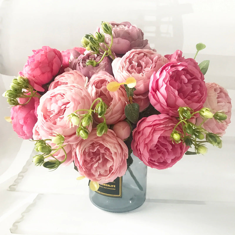 Afralia™ Silk Peony Bouquet: 5 Big Head 4 Bud Rose Pink Fake Flowers for Home Wedding