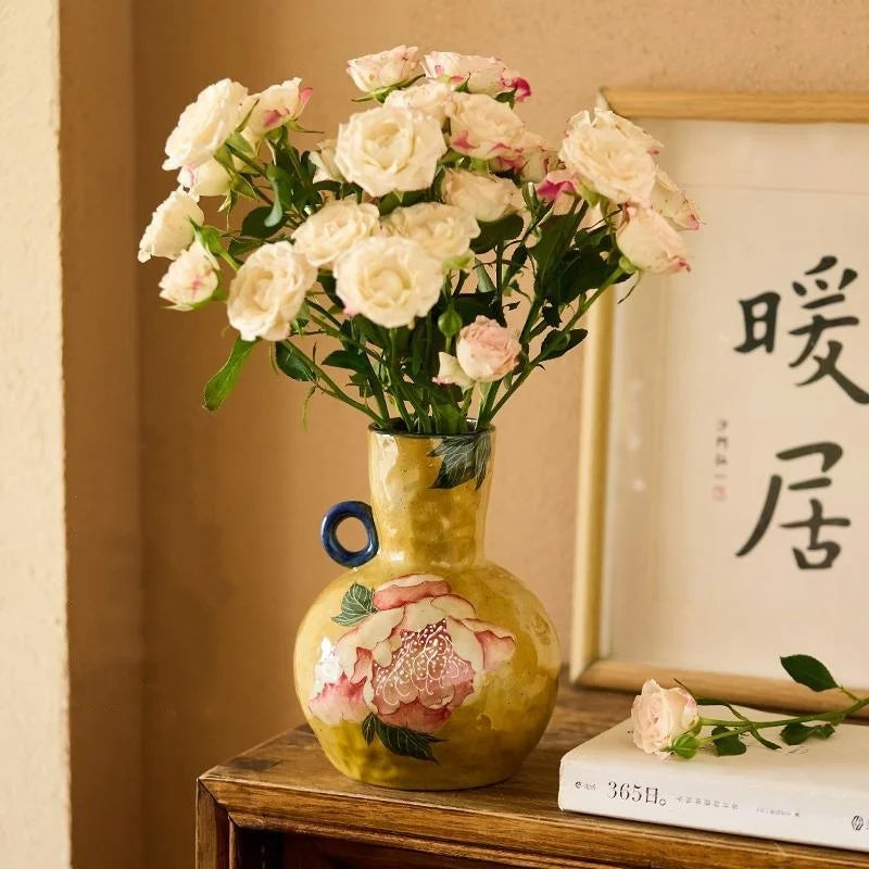 Afralia™ Peony Flower Vase, Chinese Hand-painted Porcelain Home Decor Accessory