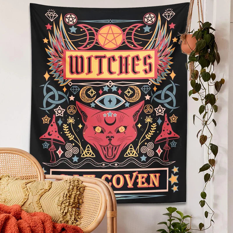 Afralia Cat Witchcraft Tapestry: Sun Moon Tarot Mushroom Divination for Home Decor