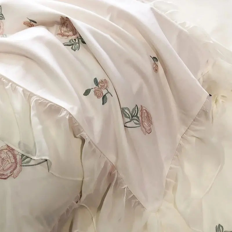 Afralia™ Rose Flowers Cotton Lace Ruffles Wedding Bedding Set