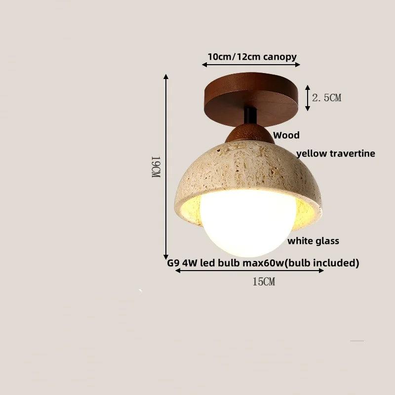 Afralia™ Yellow Travertine LED Ceiling Light with Wood Base Flush Mount Fixture