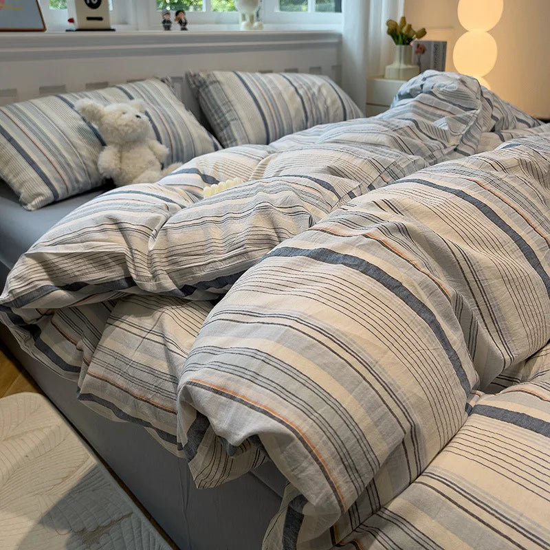 Afralia™ Minimalist Striped Grid Comforter Set in Washed Cotton, Soft Bedding Twin-Queen Size