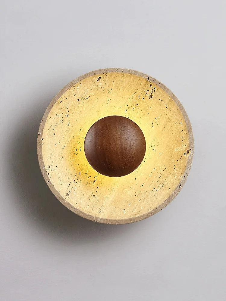 Afralia™ Stone Round Wall Lamp in Japanese Style Cream Color Wood