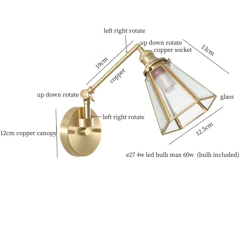 Afralia™ Vintage Brass Glass LED Wall Light with Pull Chain, Left Right Rotate Mirror Design