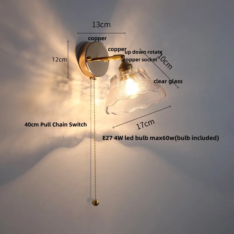 Afralia™ Glass Base LED Wall Sconce, Pull Chain Switch, Modern Rotate Stair Light