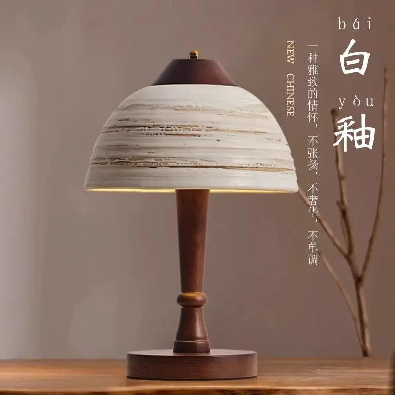 Afralia™ Retro Solid Wood Personality Ceramic Desk Lamp Medieval Antique Bed Headlamp