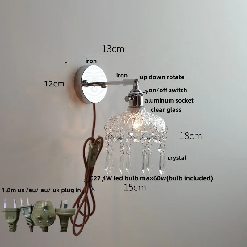 Afralia™ Crystal Iron LED Wall Light Modern Bedside Lamp Clear Glass Wandlamp