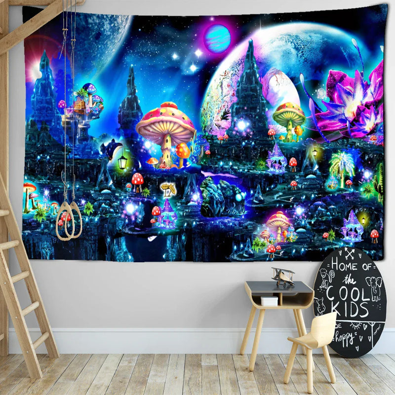 Afralia™ Mushroom Castle Tapestry Wall Hanging for Magical Home Decor