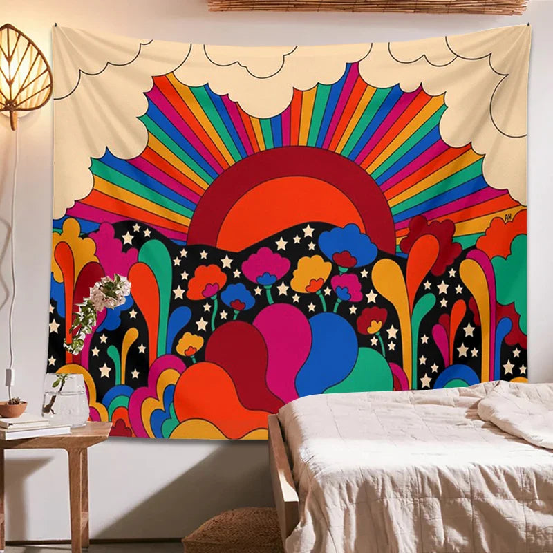 Afralia™ Retro Floral Sun Rainbow Tapestry Wall Hanging - Psychedelic Vintage Dorm Decor