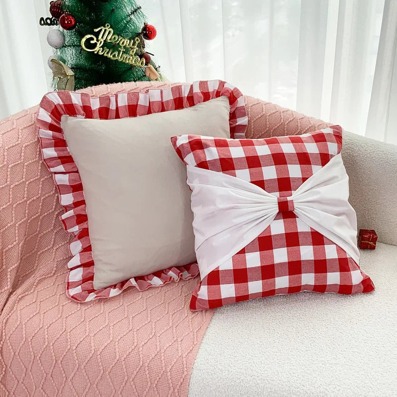 Afralia™ Festive Velvet Bow Patchwork Cushion Cover 45*45, Christmas Decor Pillowcase